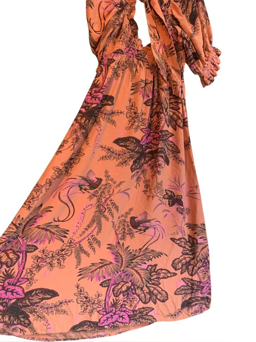 Anthropologie Peach Coral Plum Tropical Bird Maxi Dress Natural Life Boho - Picture 7 of 11